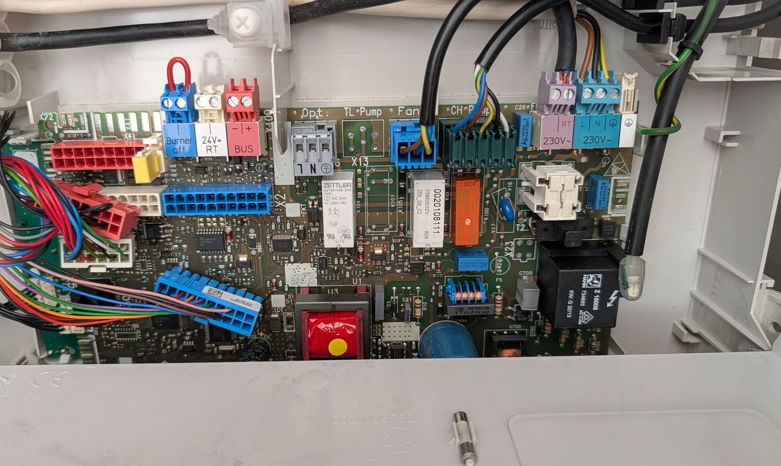 Boiler control board with wiring terminals exposed